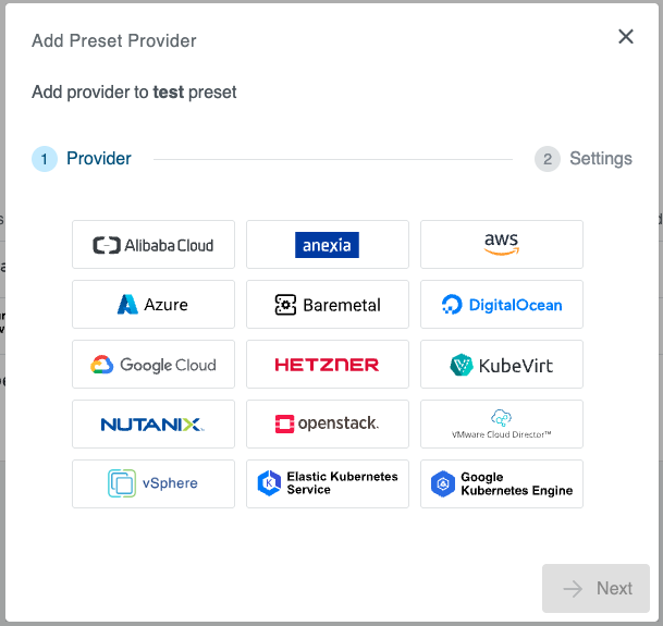 First step of adding a provider to the preset
